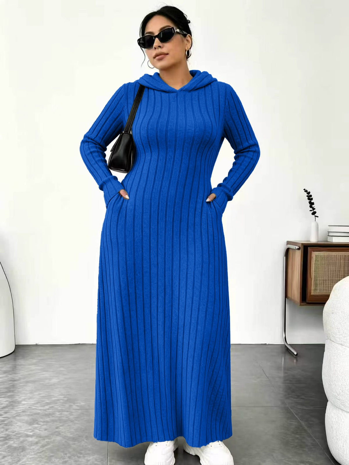 Textured Comfort | Women's Ribbed-Knit Hooded Maxi Dress with Pockets