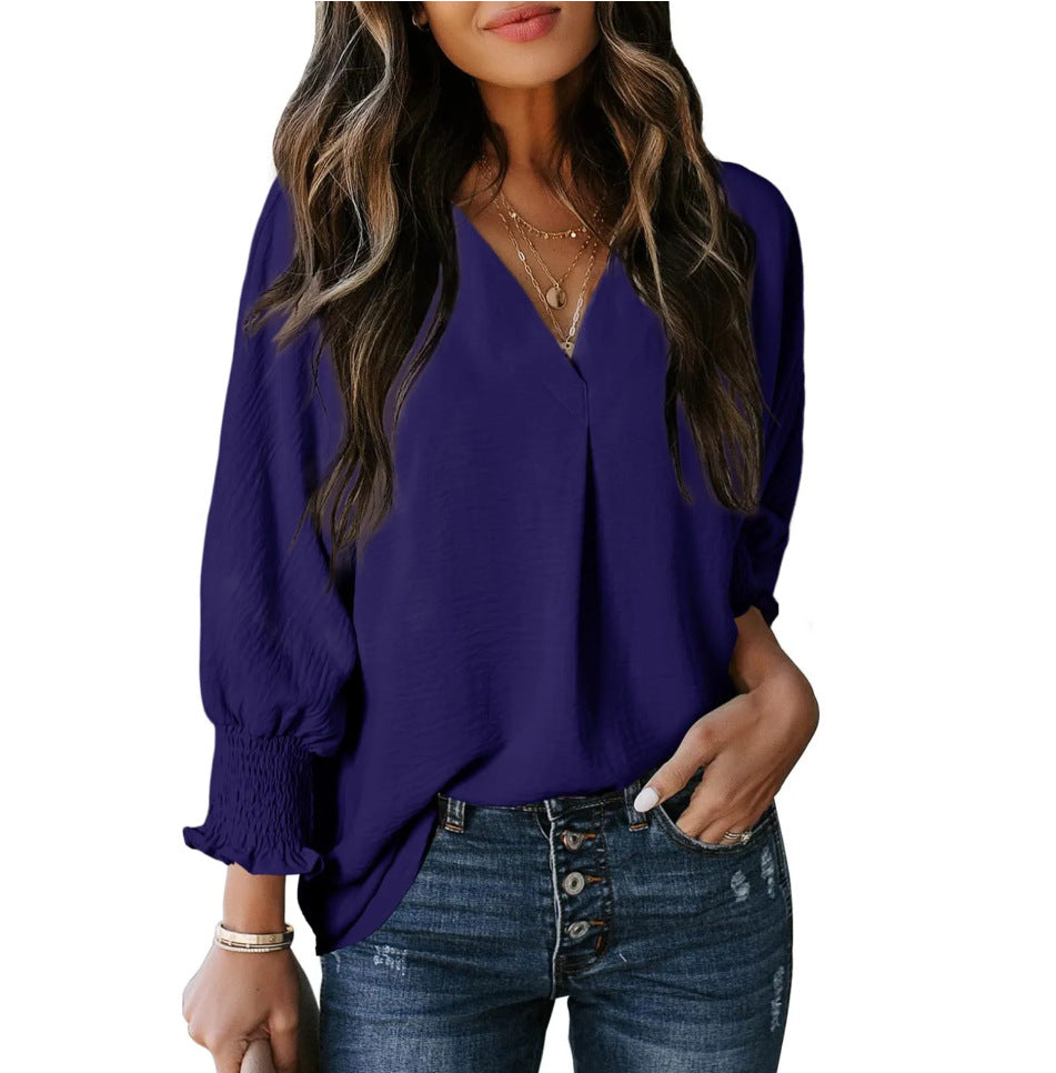Women's Tight Loose Top V Neck Casual Loose Cropped Sleeve Shirt