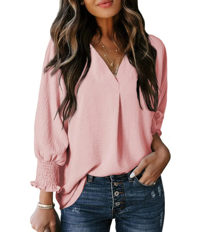 Women's Tight Loose Top V Neck Casual Loose Cropped Sleeve Shirt