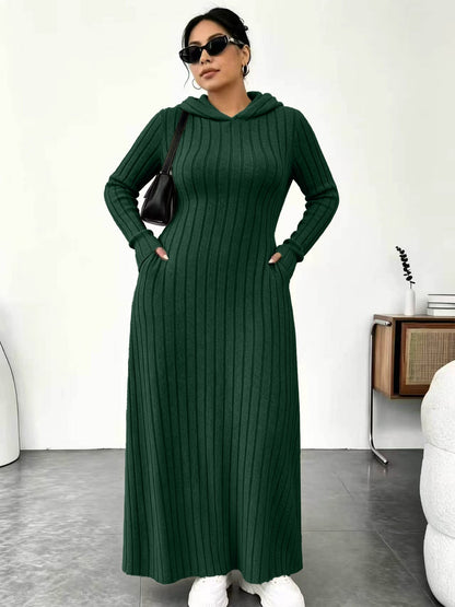 Textured Comfort | Women's Ribbed-Knit Hooded Maxi Dress with Pockets