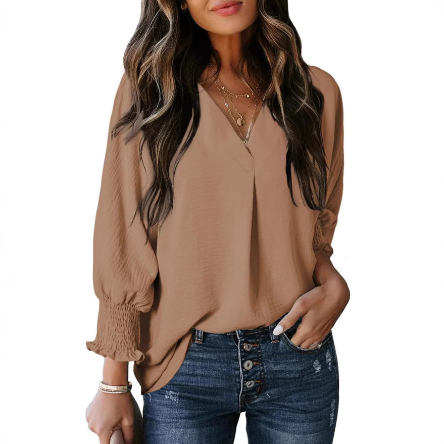 Women's Tight Loose Top V Neck Casual Loose Cropped Sleeve Shirt