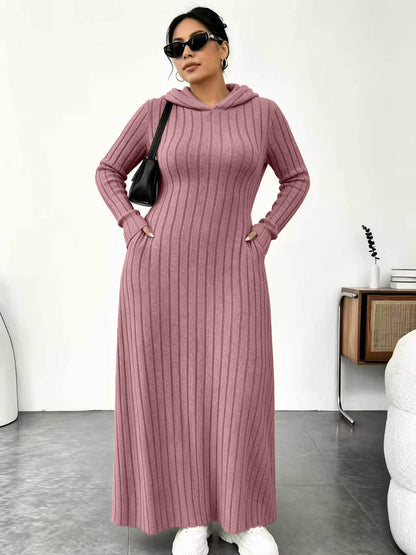 Textured Comfort | Women's Ribbed-Knit Hooded Maxi Dress with Pockets
