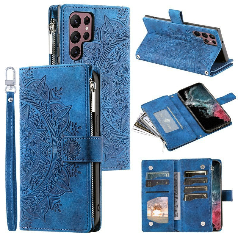Luxury Leather Embossed Card Slots Zipper Wallet Case for Sumsung
