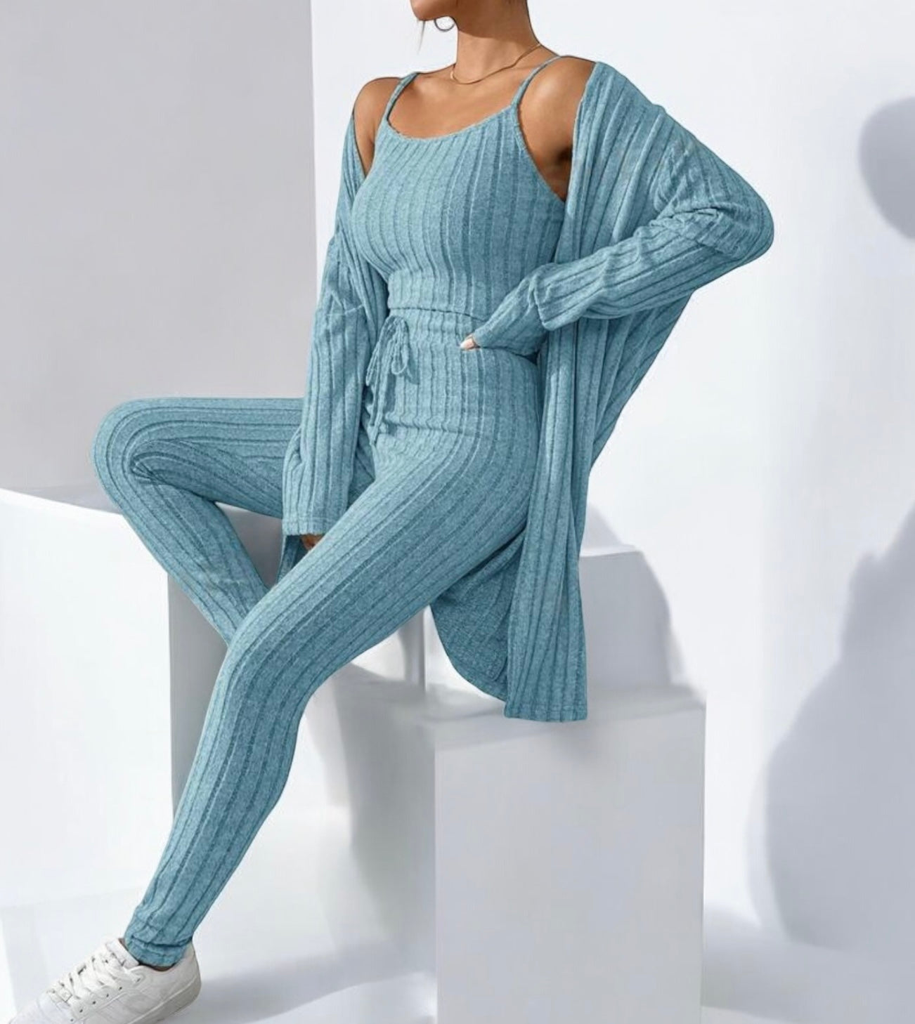 3 Piece Rib Knit Lounge Set with Tank Top, Long Sleeve Robe and Long Skinny Leg Pants