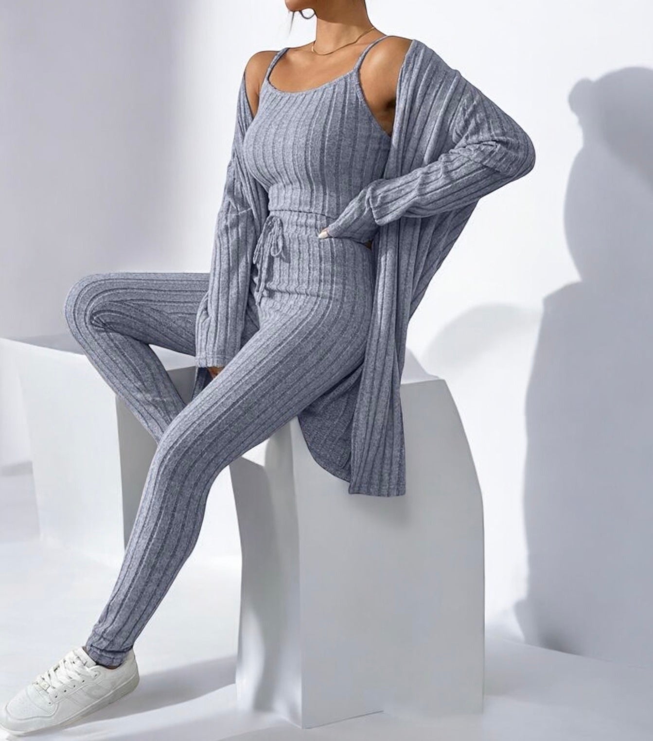 3 Piece Rib Knit Lounge Set with Tank Top, Long Sleeve Robe and Long Skinny Leg Pants