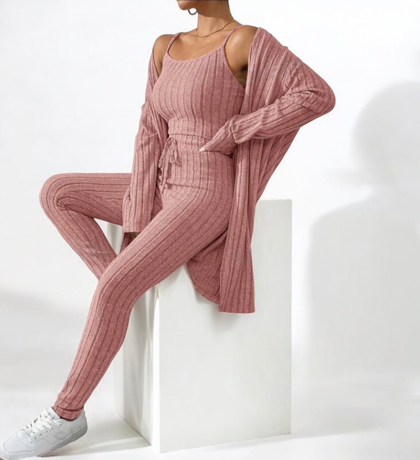 3 Piece Rib Knit Lounge Set with Tank Top, Long Sleeve Robe and Long Skinny Leg Pants