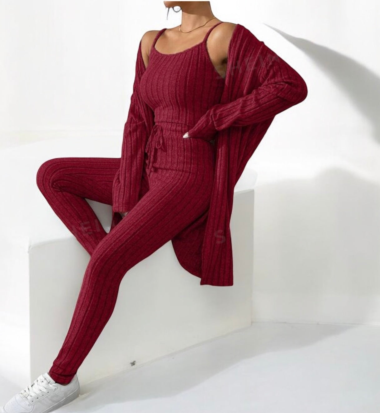 3 Piece Rib Knit Lounge Set with Tank Top, Long Sleeve Robe and Long Skinny Leg Pants