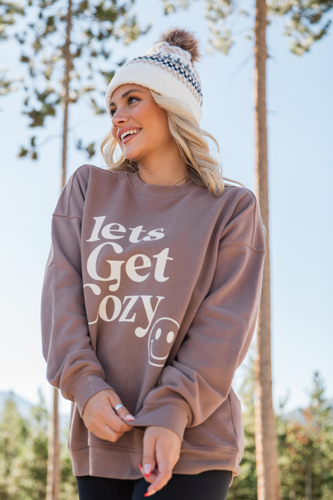 Lets Get Cozy Mocha Oversized Graphic Sweatshirt DOORBUSTER