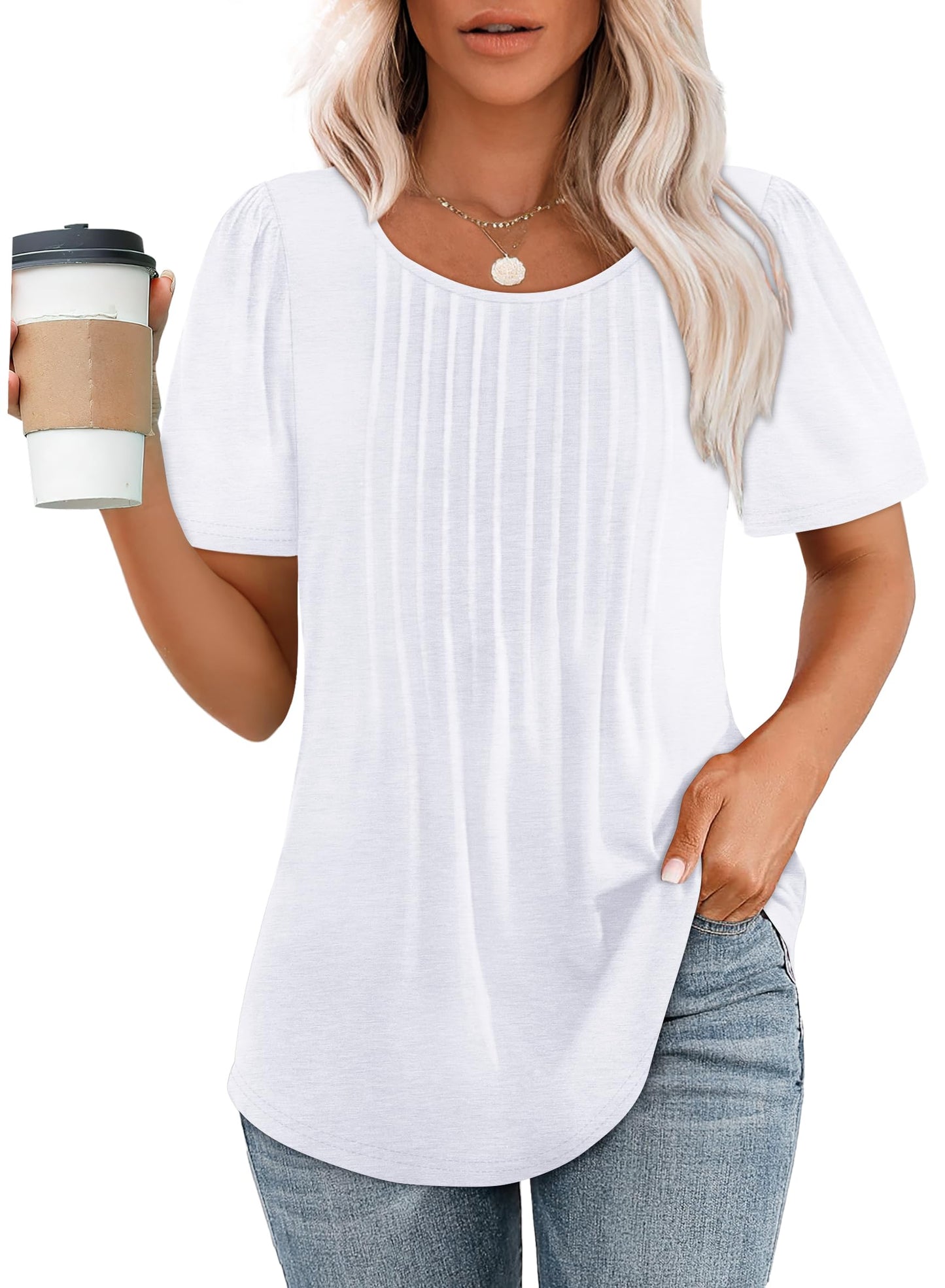 Hot Sale-Women's Short Sleeve Pleated Dressy Casual Scooped Neck Tops