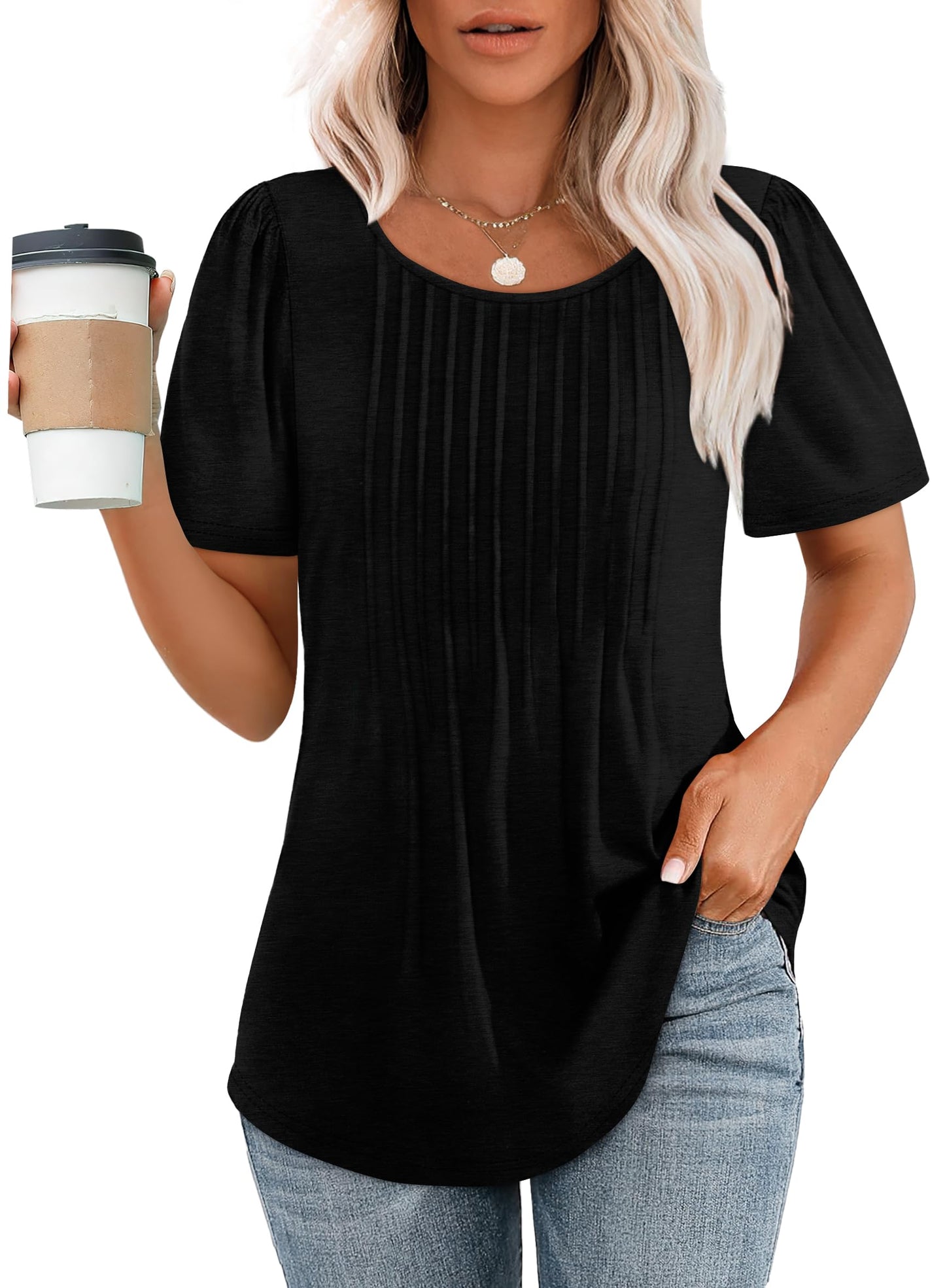 Hot Sale-Women's Short Sleeve Pleated Dressy Casual Scooped Neck Tops
