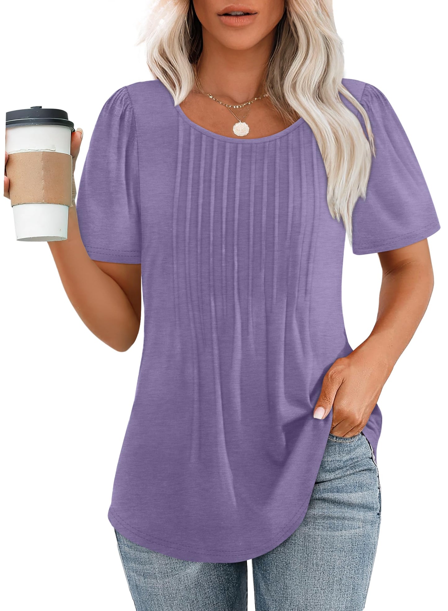 Hot Sale-Women's Short Sleeve Pleated Dressy Casual Scooped Neck Tops