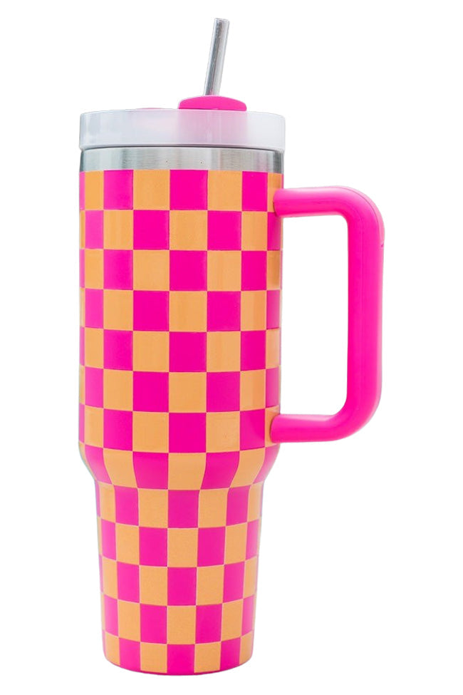 Sippin' Pretty Pink and Orange Checkered 40 oz Drink Tumbler With Lid And Straw