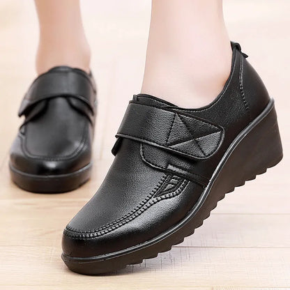 Comfortable Leather Wedge Shoes with Secure Velcro Strap for All-Day Comfort