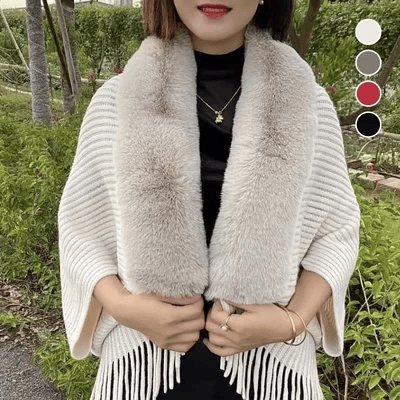 Winter Knit Fringe Fur Collar Shawl