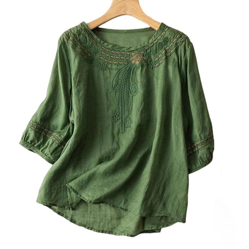 👚 LIMITED-TIME 49% OFF! 💥 Women's Embroidered Cotton-Linen Blend Blouse – Floral Cutouts, Round Neck, Relaxed Fit ✨