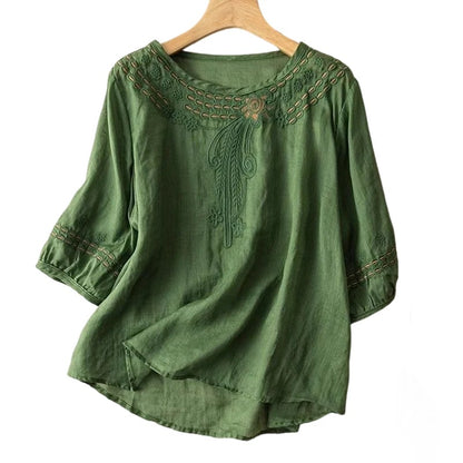 👚 LIMITED-TIME 49% OFF! 💥 Women's Embroidered Cotton-Linen Blend Blouse – Floral Cutouts, Round Neck, Relaxed Fit ✨