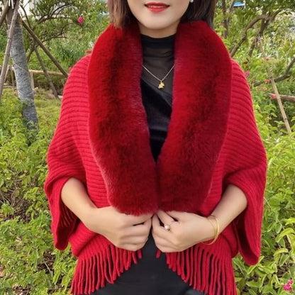 Winter Knit Fringe Fur Collar Shawl