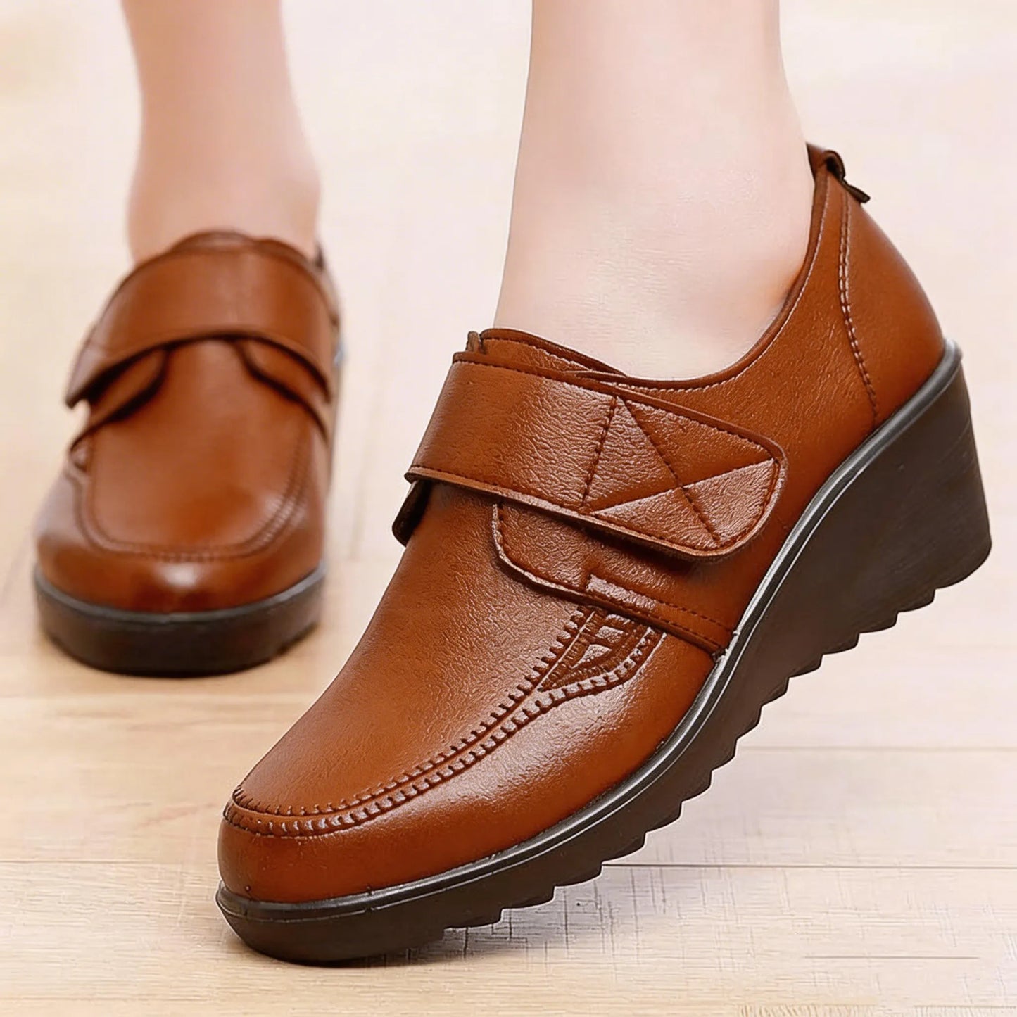 Comfortable Leather Wedge Shoes with Secure Velcro Strap for All-Day Comfort