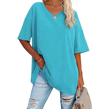 Women's Plus Size V-Neck Cotton T-Shirt – Casual Loose Fit Half-Sleeve Top