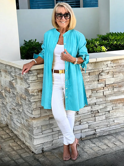 Solid Color Long Cotton Shirt Jackets Women Swing Jacket Shap Flattering Gathered Yolk At The Back