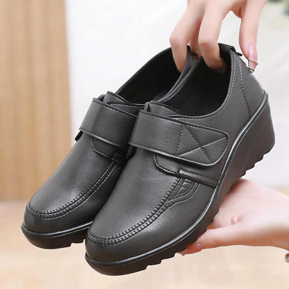 Comfortable Leather Wedge Shoes with Secure Velcro Strap for All-Day Comfort