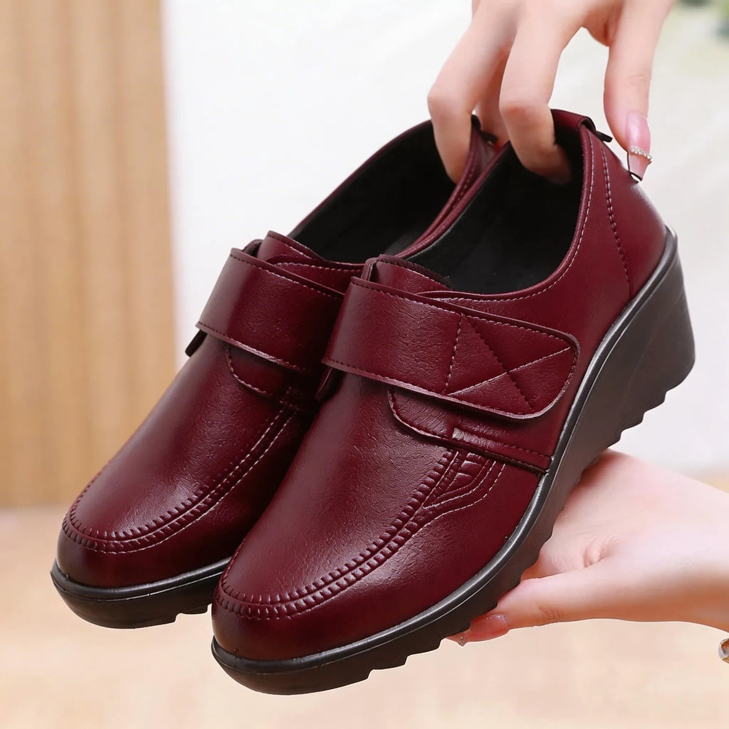 Comfortable Leather Wedge Shoes with Secure Velcro Strap for All-Day Comfort