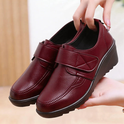 Comfortable Leather Wedge Shoes with Secure Velcro Strap for All-Day Comfort