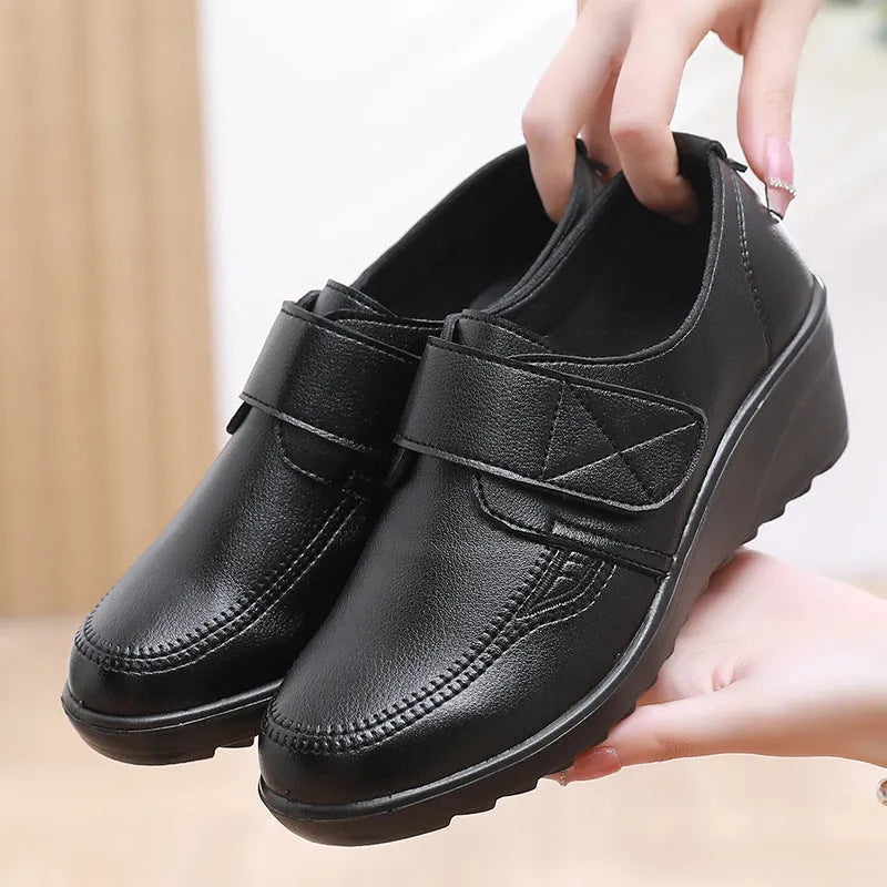 Comfortable Leather Wedge Shoes with Secure Velcro Strap for All-Day Comfort