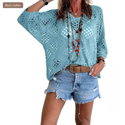 Womens Bohemian-Inspired Beige Crochet Top with V-Neck