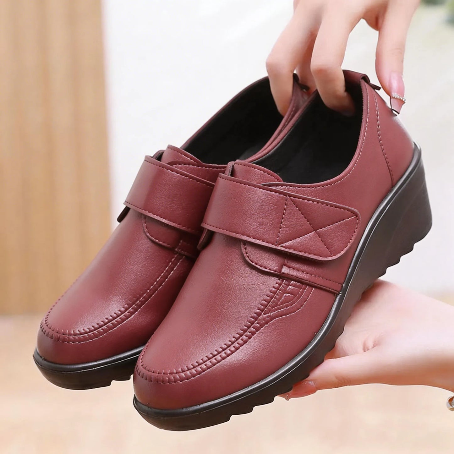 Comfortable Leather Wedge Shoes with Secure Velcro Strap for All-Day Comfort