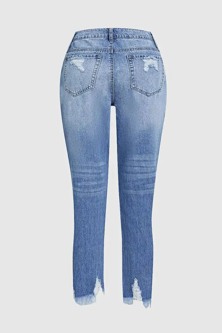 Wash Ripped Raw Hem Mid Rise Crop Jeans