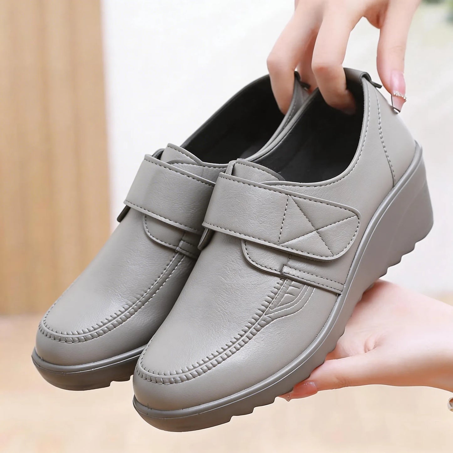 Comfortable Leather Wedge Shoes with Secure Velcro Strap for All-Day Comfort