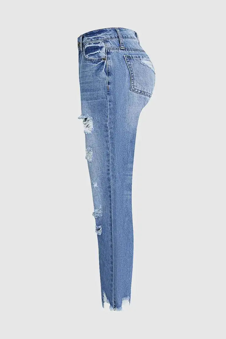 Wash Ripped Raw Hem Mid Rise Crop Jeans