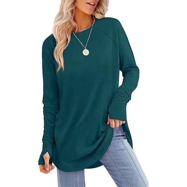 Womens Tunic Tops to Wear with Leggings Long Sleeve Thumb Hole Shirts Crew Neck Curved Hem