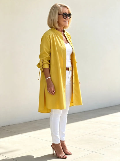 Solid Color Long Cotton Shirt Jackets Women Swing Jacket Shap Flattering Gathered Yolk At The Back