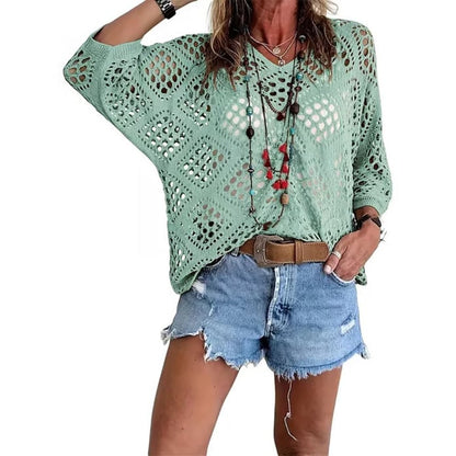 Womens Bohemian-Inspired Beige Crochet Top with V-Neck