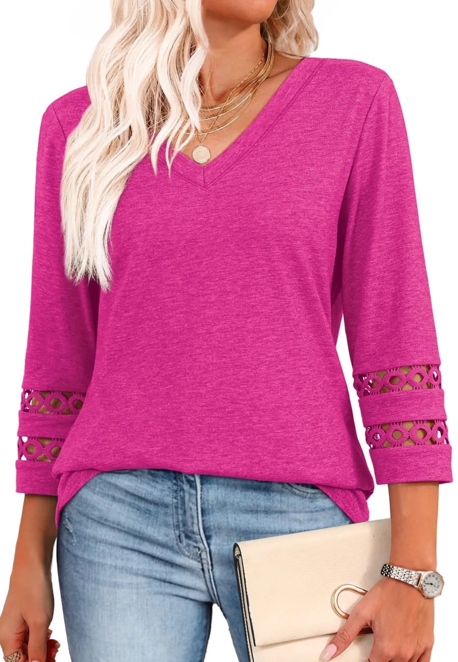 2025 Women’s Casual V-Neck T-Shirts  3/4 Length Sleeve Fashion Tops