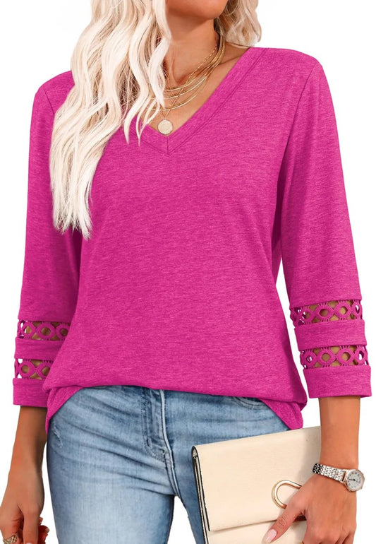 2025 Women’s Casual V-Neck T-Shirts  3/4 Length Sleeve Fashion Tops