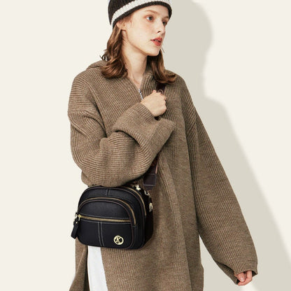 Classic Leather Crossbody Bag with Multifunctional Compartments & Adjustable Wide Strap