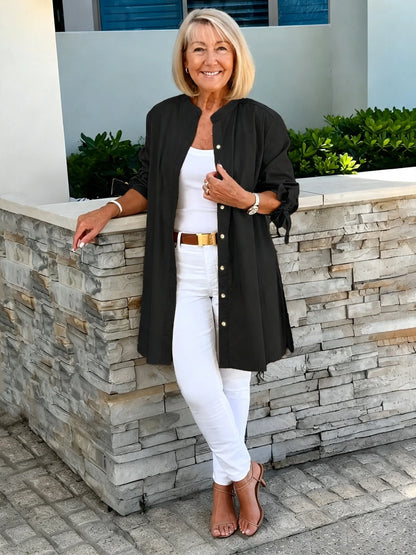 Solid Color Long Cotton Shirt Jackets Women Swing Jacket Shap Flattering Gathered Yolk At The Back