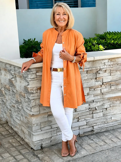 Solid Color Long Cotton Shirt Jackets Women Swing Jacket Shap Flattering Gathered Yolk At The Back
