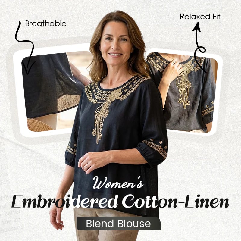 👚 LIMITED-TIME 49% OFF! 💥 Women's Embroidered Cotton-Linen Blend Blouse – Floral Cutouts, Round Neck, Relaxed Fit ✨
