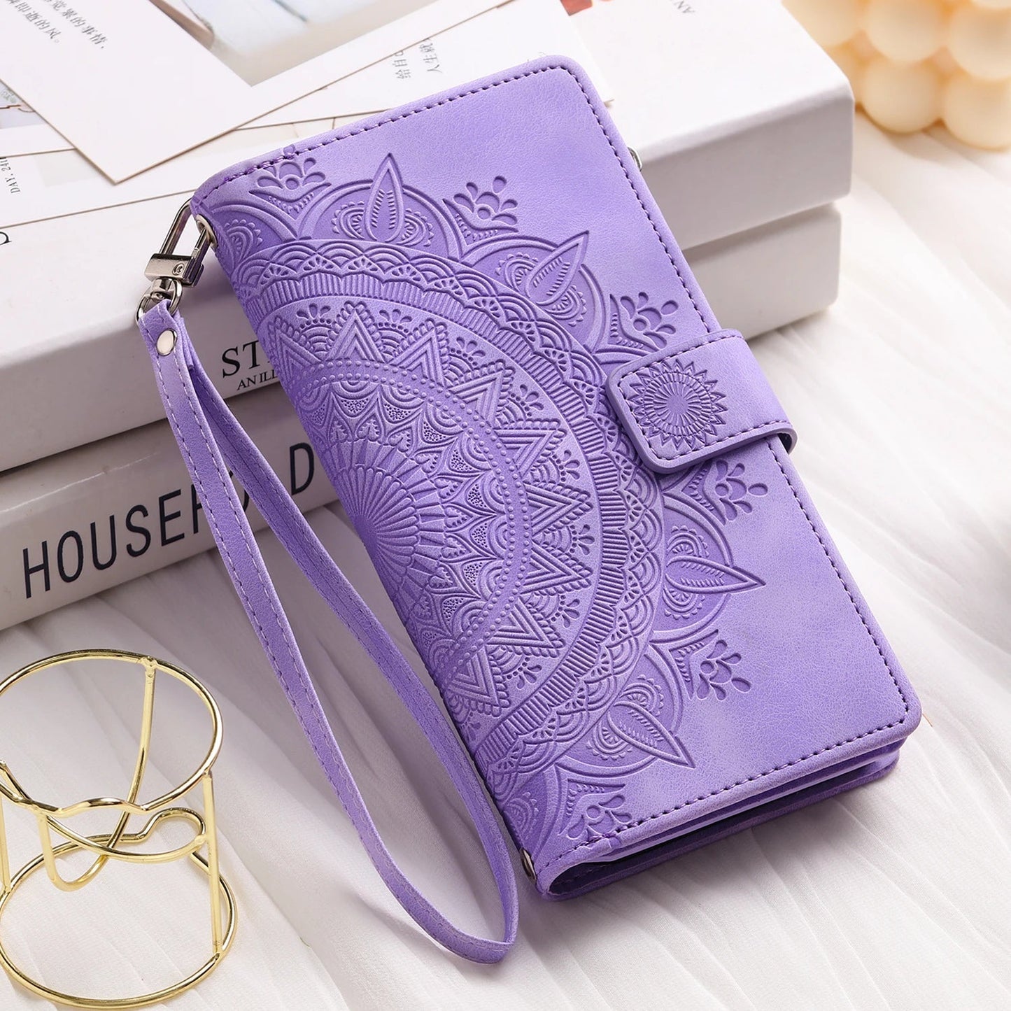 Luxury Leather Embossed Card Slots Zipper Wallet Case for Sumsung