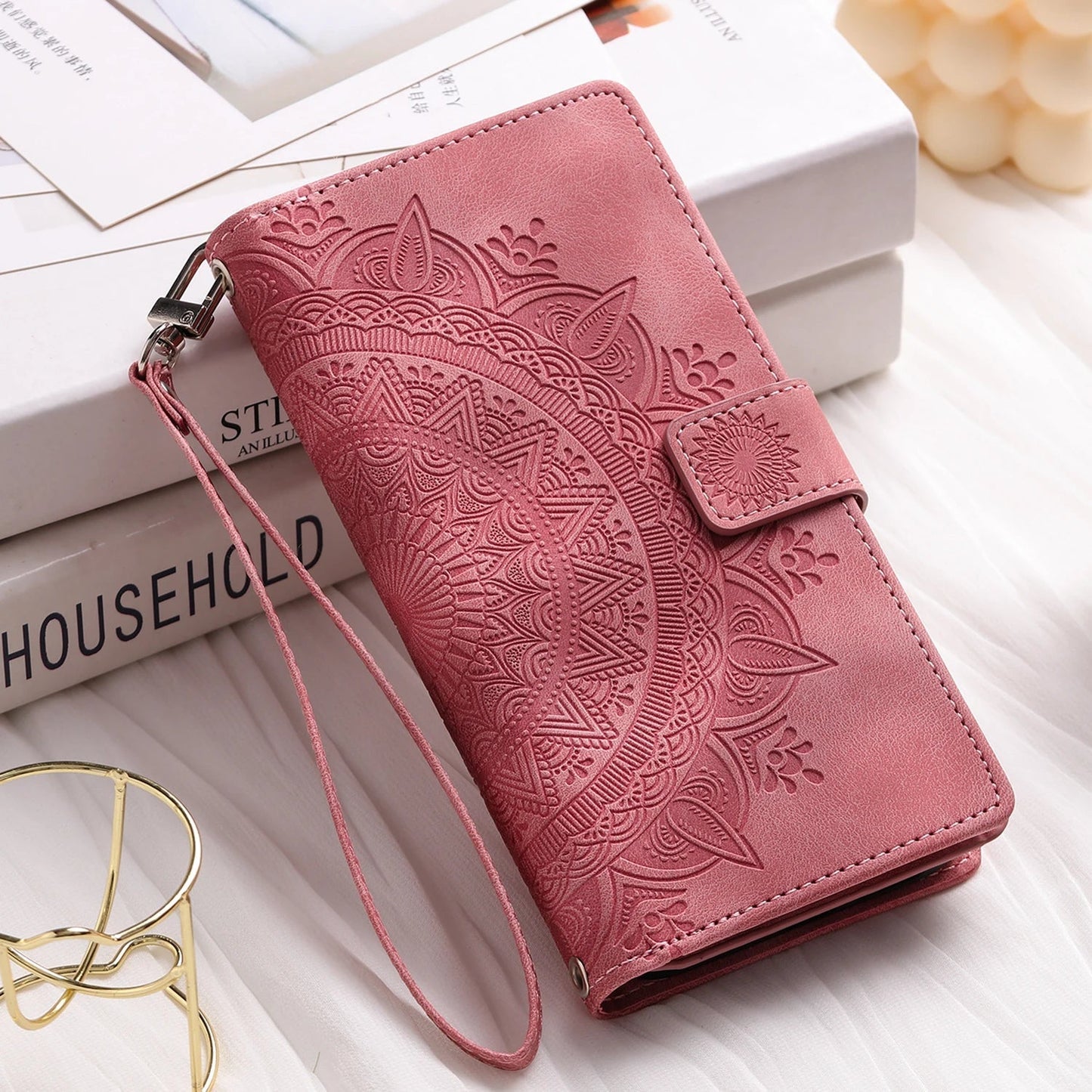 Luxury Leather Embossed Card Slots Zipper Wallet Case for Sumsung
