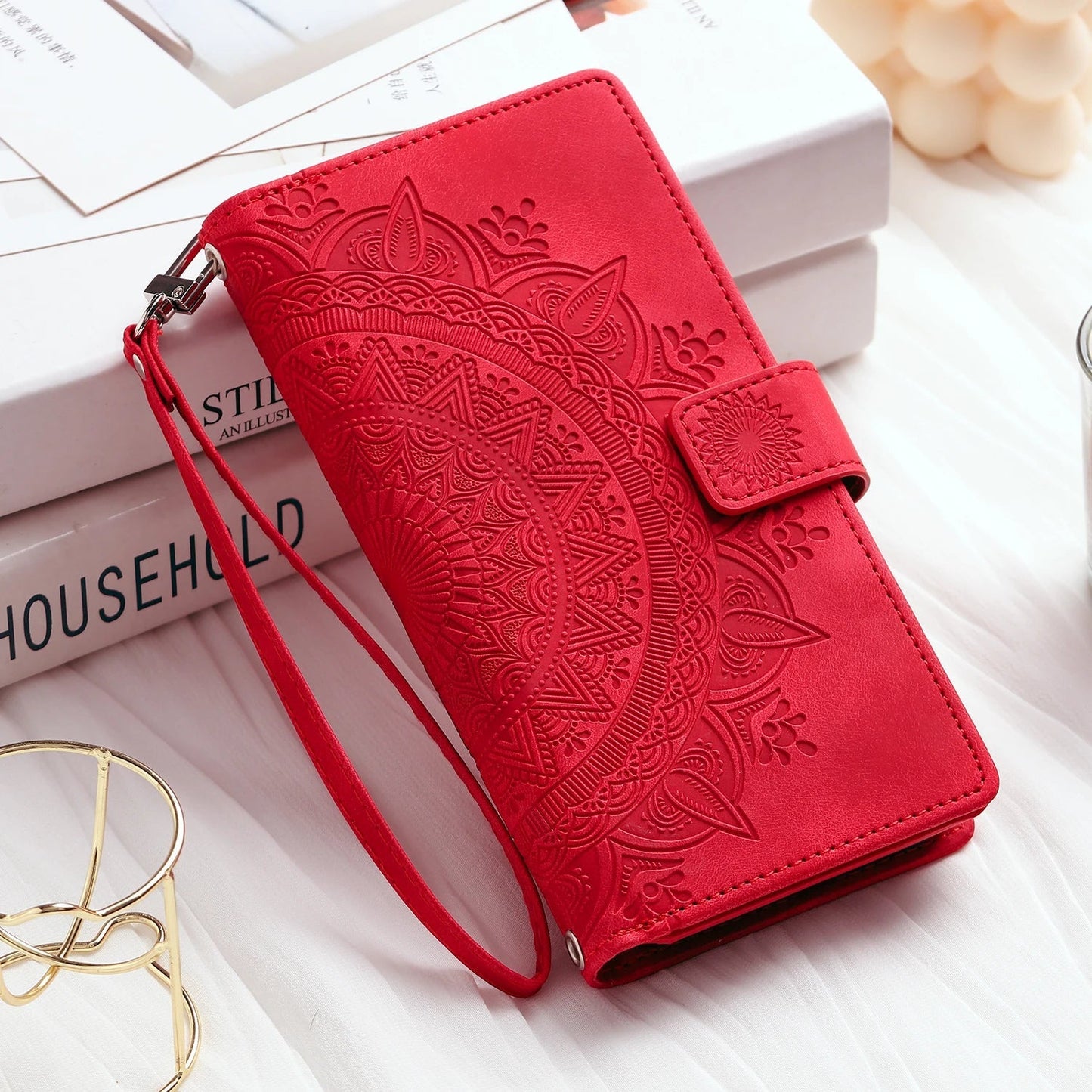 Luxury Leather Embossed Card Slots Zipper Wallet Case for Sumsung