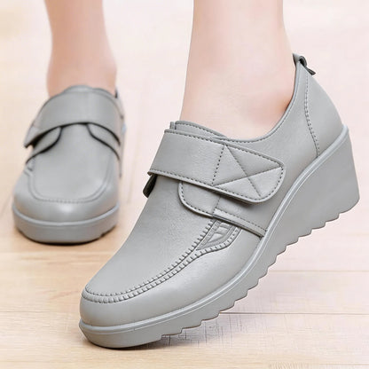 Comfortable Leather Wedge Shoes with Secure Velcro Strap for All-Day Comfort