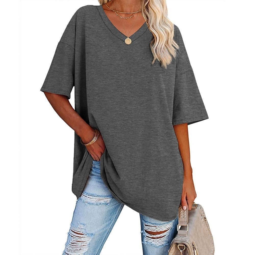 Women's Plus Size V-Neck Cotton T-Shirt – Casual Loose Fit Half-Sleeve Top