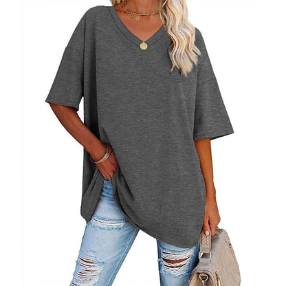 Women's Plus Size V-Neck Cotton T-Shirt – Casual Loose Fit Half-Sleeve Top