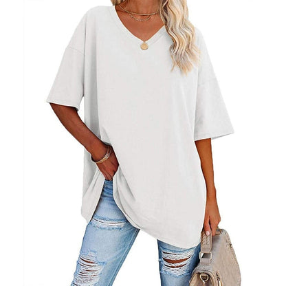 Women's Plus Size V-Neck Cotton T-Shirt – Casual Loose Fit Half-Sleeve Top