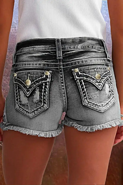 Star & Striped Embroidered Ripped Raw Hem Denim Shorts